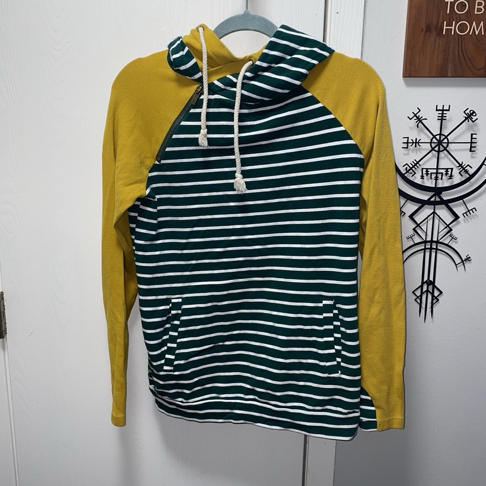 Women's & Colorblock Striped Double Hoodie Sweatshirt Green And Mustard Small‎